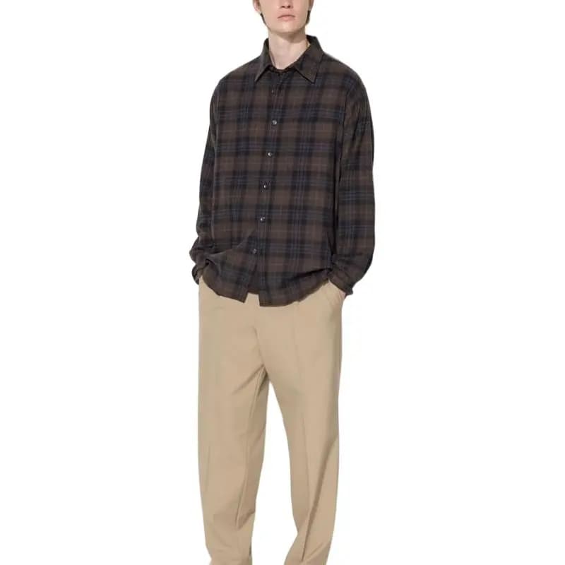 UNIQLO Check Lapel Kişi Köynəyi Tünd Qəhvəyi 3