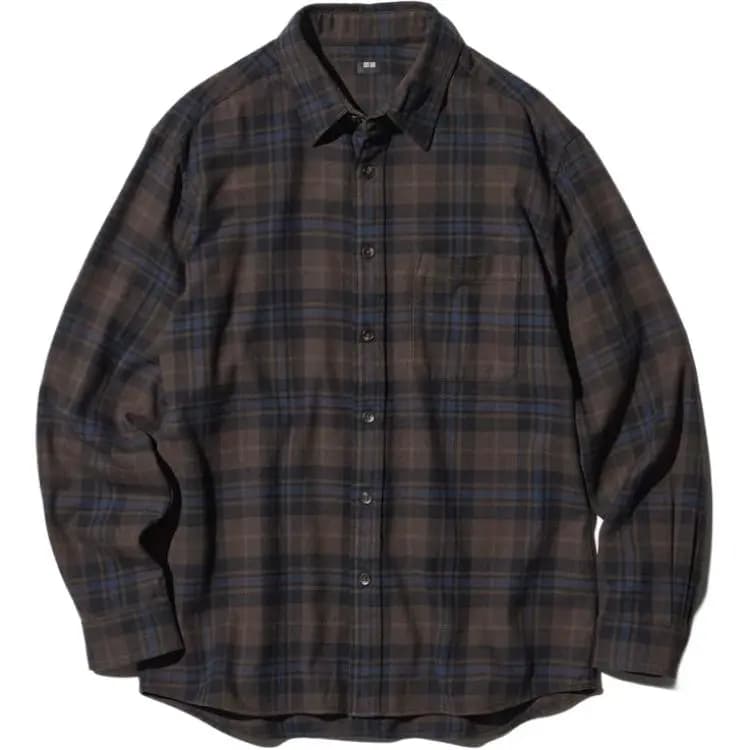 UNIQLO Check Lapel Kişi Köynəyi Tünd Qəhvəyi