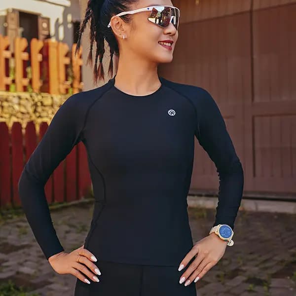 BMAI Quick-Dry High-Elastic Compression Fit Track and Field Test Race Marathon Running Sport Long Sleeve Crew Neck Zipper Jacket Workout Top Women's Night Black 3