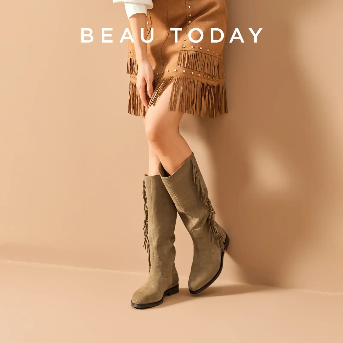 Beau Today Cow Suede Retro Stylish Fringe Western Cowboy Rider Commute Versatile Trendy High-Top Boots Women's 5