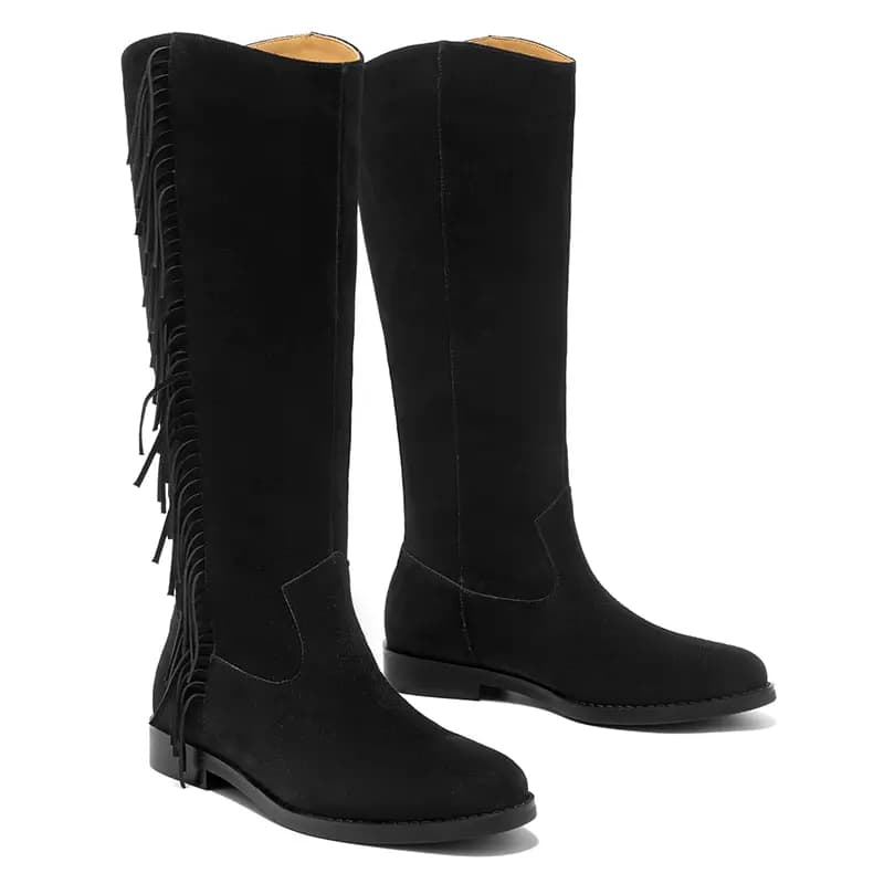 Beau Today Cow Suede Retro Stylish Fringe Western Cowboy Rider Commute Versatile Trendy High-Top Boots Women's 10
