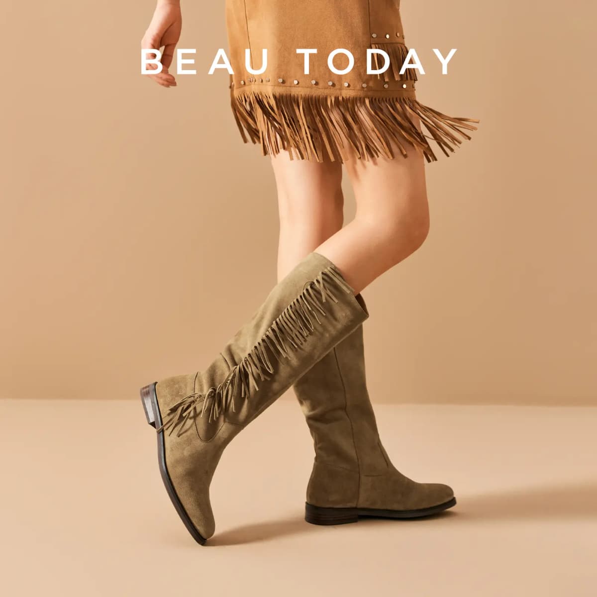 Beau Today Cow Suede Retro Stylish Fringe Western Cowboy Rider Commute Versatile Trendy High-Top Boots Women's 7