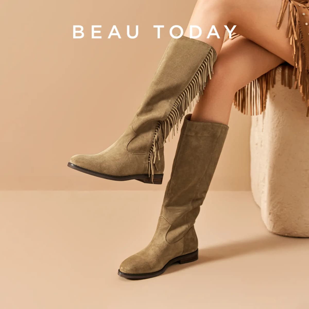 Beau Today Cow Suede Retro Stylish Fringe Western Cowboy Rider Commute Versatile Trendy High-Top Boots Women's 6