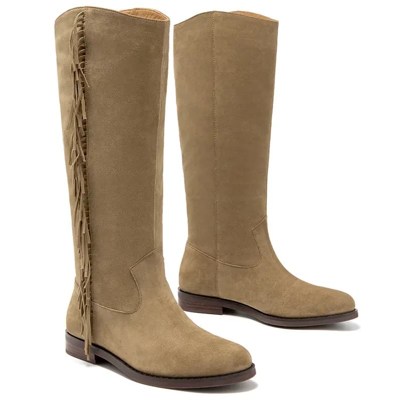 Beau Today Cow Suede Retro Stylish Fringe Western Cowboy Rider Commute Versatile Trendy High-Top Boots Women's 3