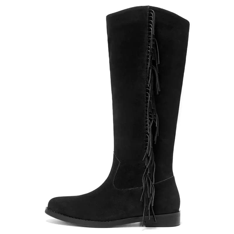 Beau Today Cow Suede Retro Stylish Fringe Western Cowboy Rider Commute Versatile Trendy High-Top Boots Women's 8