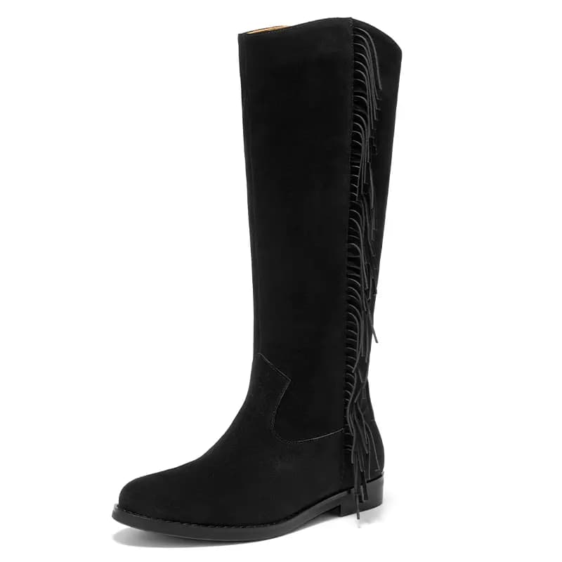 Beau Today Cow Suede Retro Stylish Fringe Western Cowboy Rider Commute Versatile Trendy High-Top Boots Women's 9