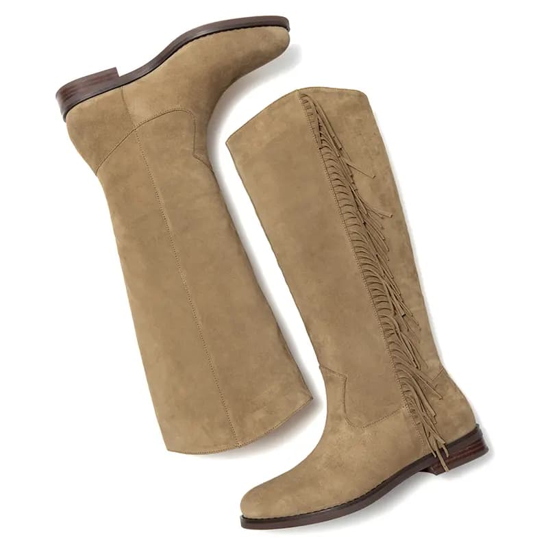 Beau Today Cow Suede Retro Stylish Fringe Western Cowboy Rider Commute Versatile Trendy High-Top Boots Women's 4