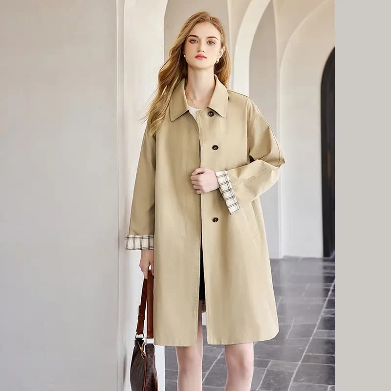Shechi Mid-Length Simple Loose Casual Utility Style Trench Coat Women's Khaki 7
