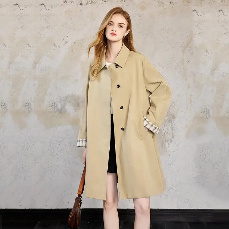 Shechi Mid-Length Simple Loose Casual Utility Style Trench Coat Women's Khaki 3
