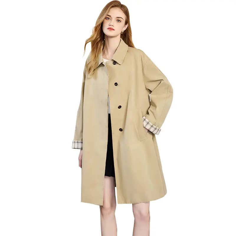 Shechi Mid-Length Simple Loose Casual Utility Style Trench Coat Women's Khaki