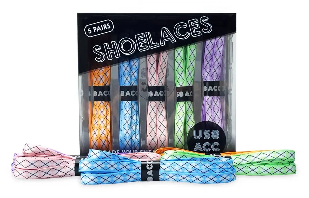 US8ACC Preppy Plaid Campus JK Green Purple Orange Blue Pink Grid Shoelaces 5-Pack Unisex Macaron Carolina Blue Laser Orange Color Block