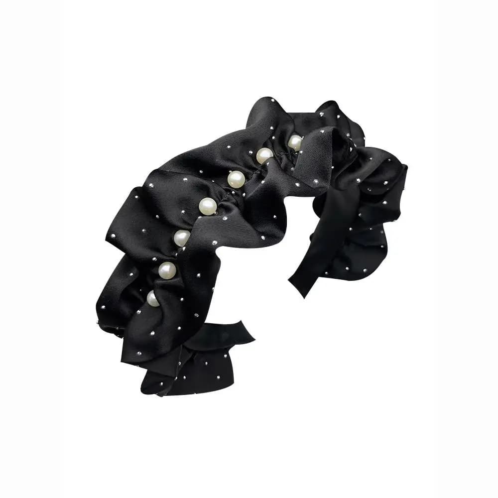 OQD High Crown Black Pleated Pearl Headband Wide Edge Anti-Slip Trendy Headband Women's New Cloth Headband Women's