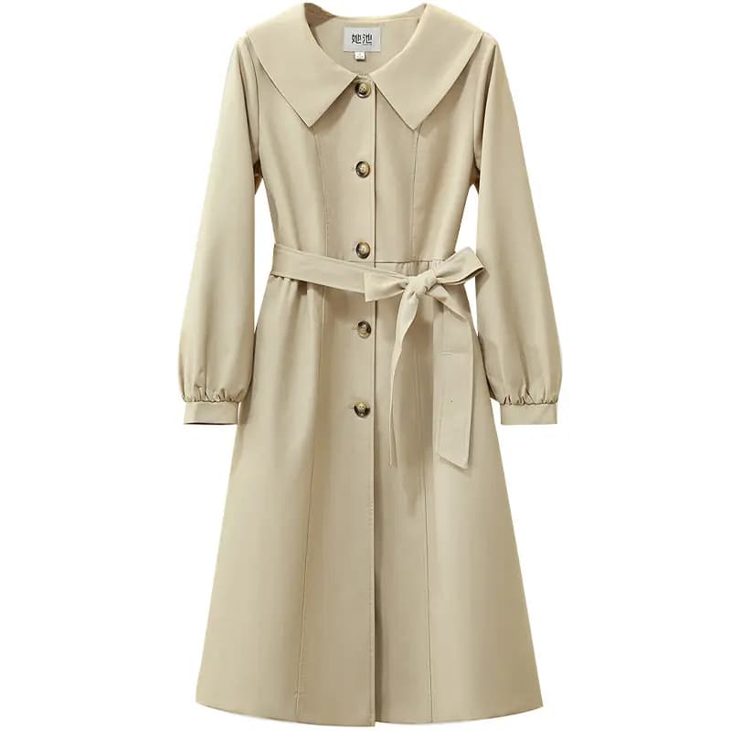 Shechi Mid-Length Retro Elegant Lapel Lantern Sleeve Loose Trench Coat Women's Khaki
