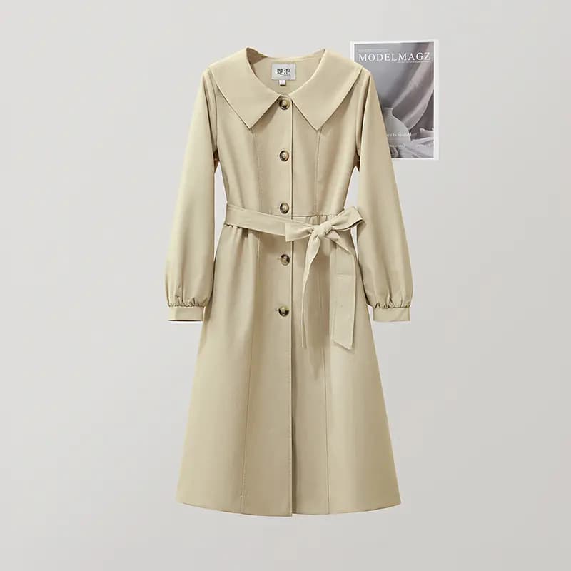 Shechi Mid-Length Retro Elegant Lapel Lantern Sleeve Loose Trench Coat Women's Khaki 3