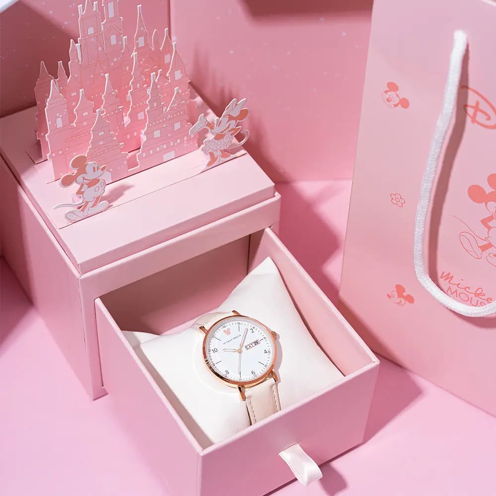 Disney Mickey Quartz Movement Leather Strap Watch Women's Watch White Dial 14