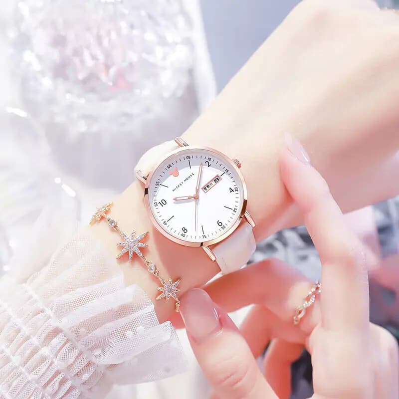 Disney Mickey Quartz Movement Leather Strap Watch Women's Watch White Dial 5