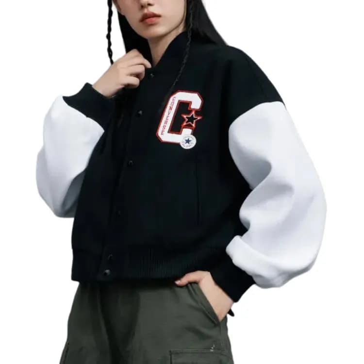 Converse Letter Graphic Versatile Casual Long Sleeve Baseball Jacket Women's Black 3