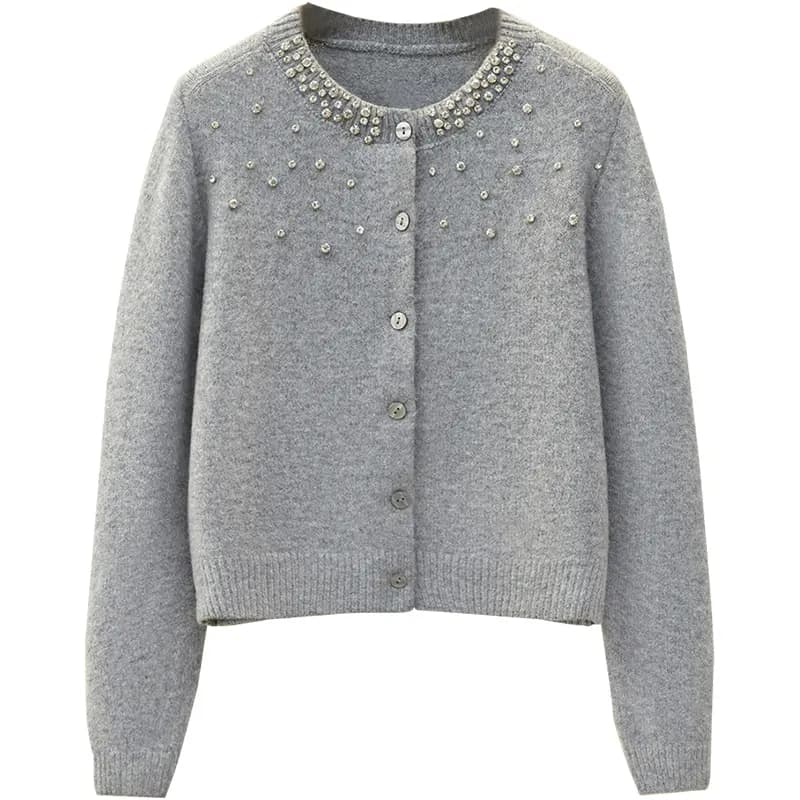 Shechi Round Neck Single-Breasted Rhinestone Casual Knitwear Women's Light Gray