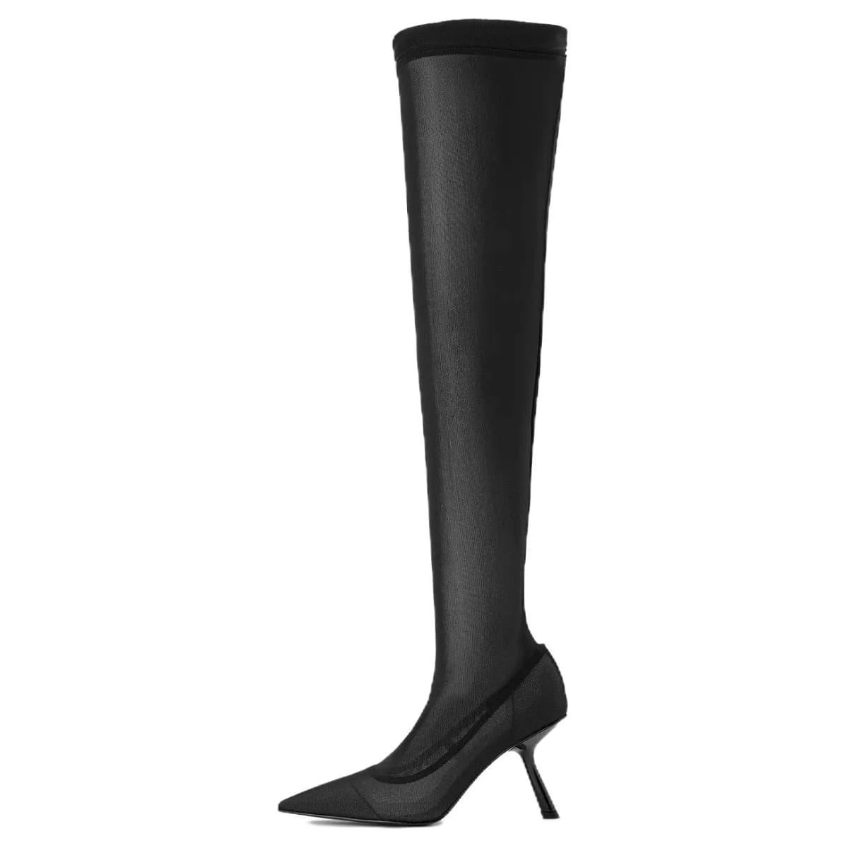 CHARLES&KEITH Fashion Mesh Pointed Toe Over The Knee Boots 9.5cm Women's BLACK TEXTURED