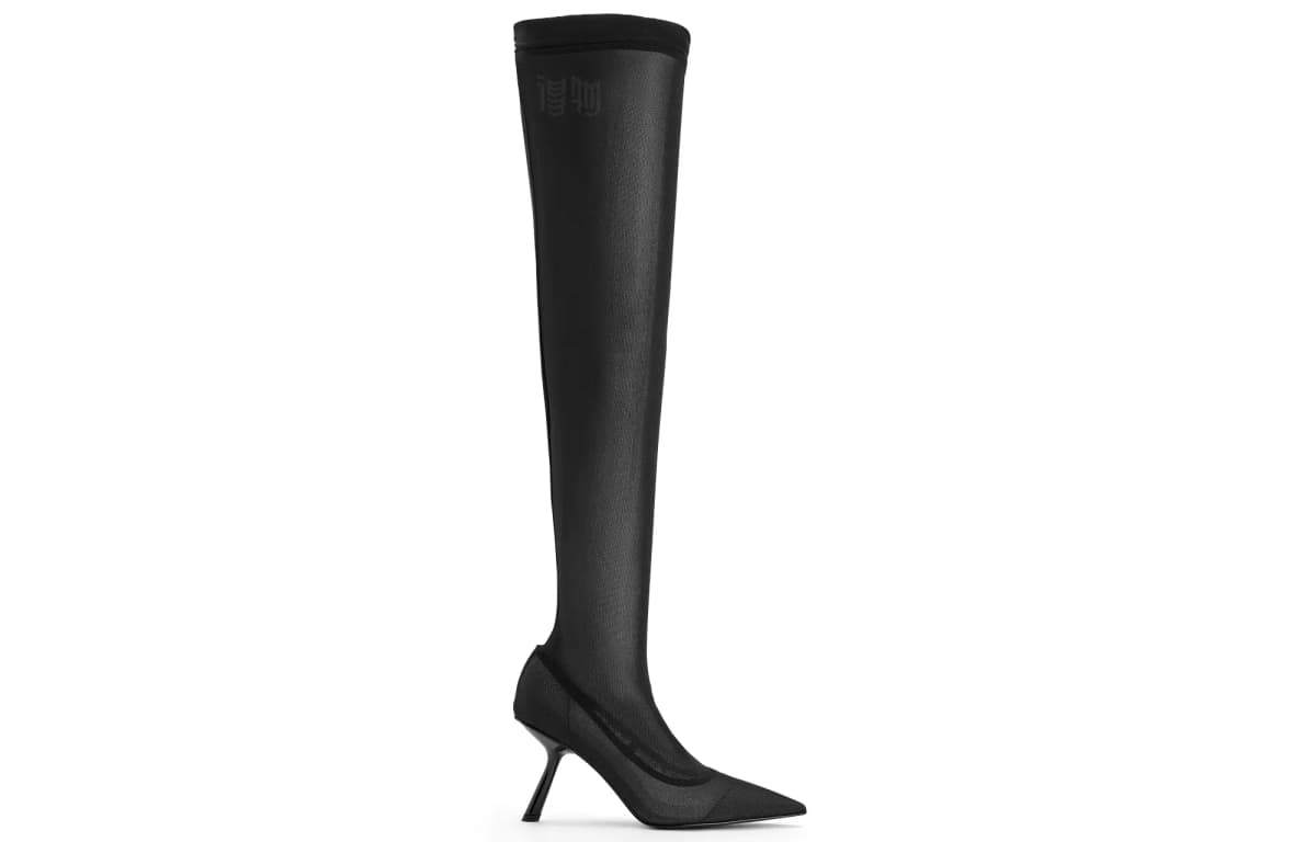 CHARLES&KEITH Fashion Mesh Pointed Toe Over The Knee Boots 9.5cm Women's BLACK TEXTURED 2