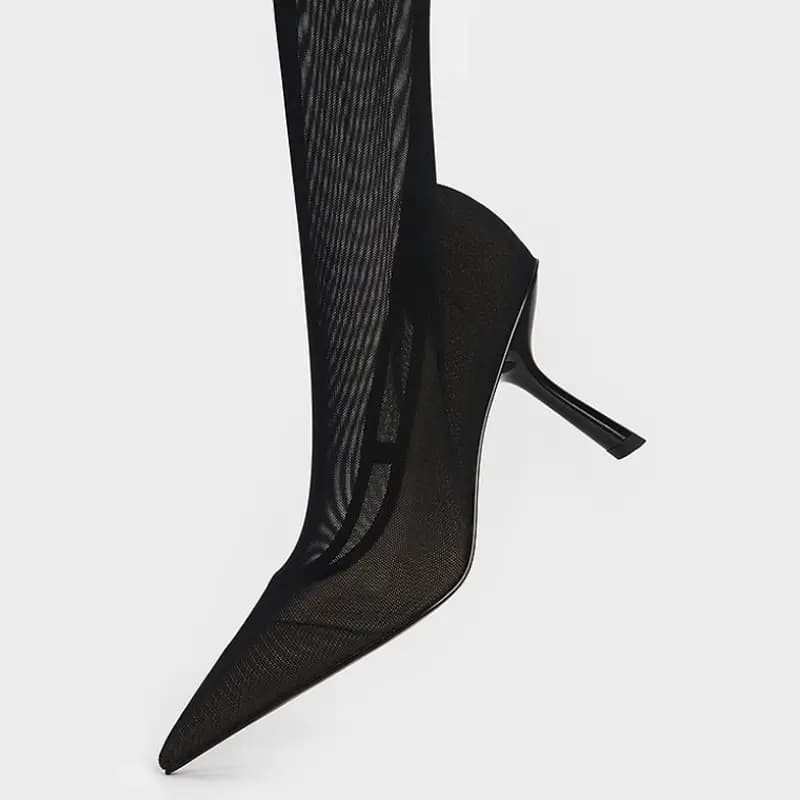 CHARLES&KEITH Fashion Mesh Pointed Toe Over The Knee Boots 9.5cm Women's BLACK TEXTURED 4