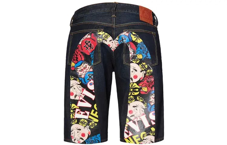 EVISU SS21 Buddha Head Tiger Large M Print Denim Loose Shorts Men's Denim Blue 2
