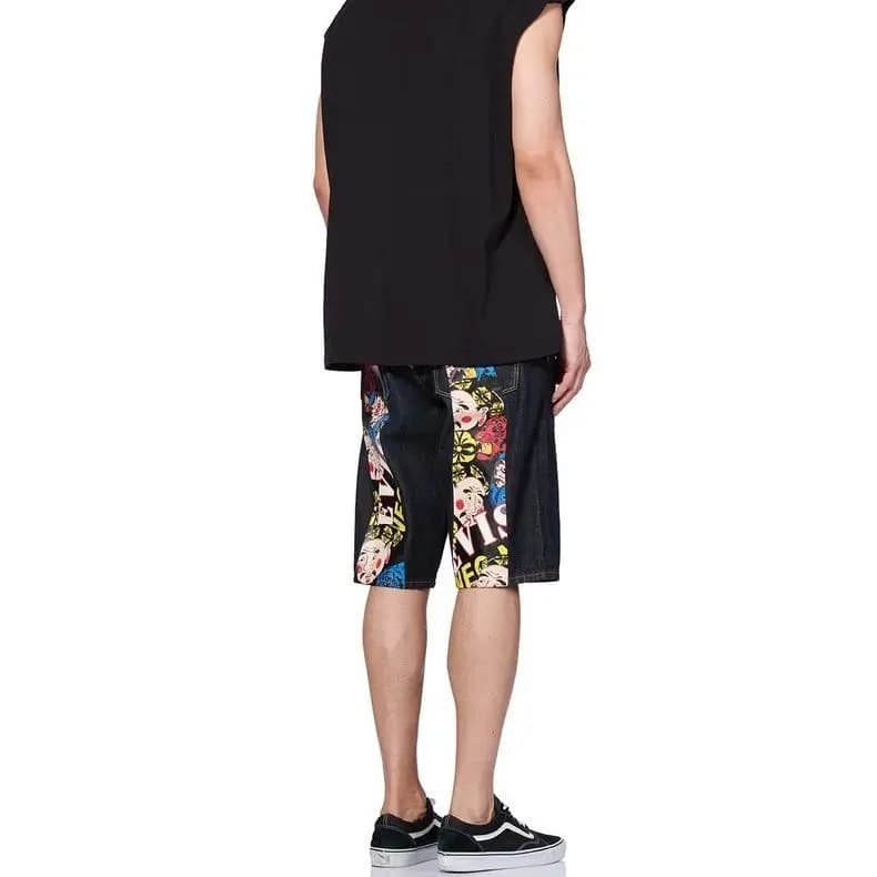 EVISU SS21 Buddha Head Tiger Large M Print Denim Loose Shorts Men's Denim Blue 4