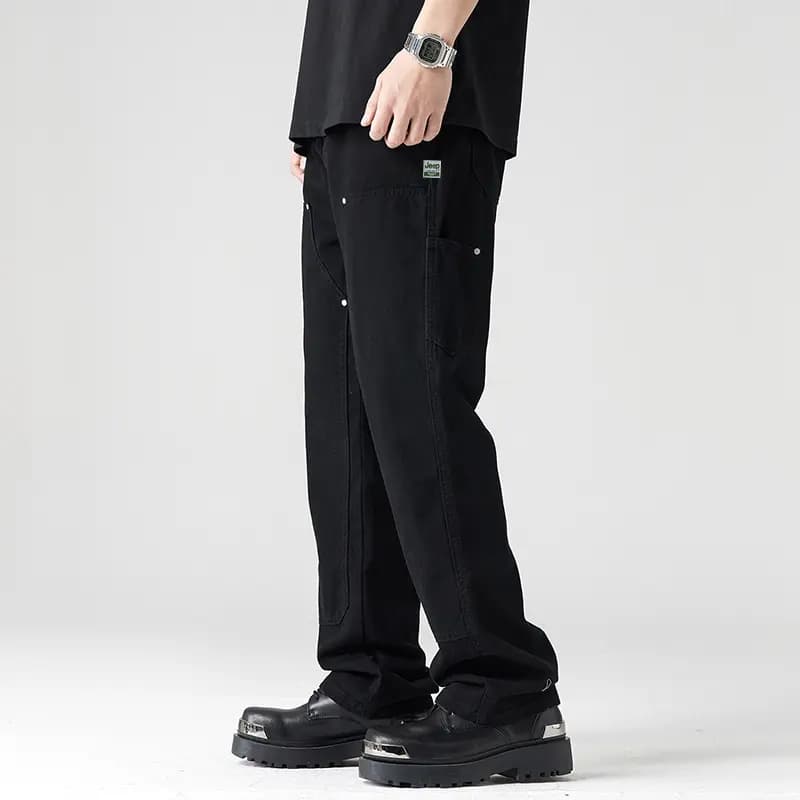 Jeep American Retro Vibe Amekaji Patchwork High-Street Versatile Fashion Fleece Optional Simple Drawstring Elastic Casual Logger Pants Streetwear Loose Straight-Leg Denim Work Pants Unisex 20