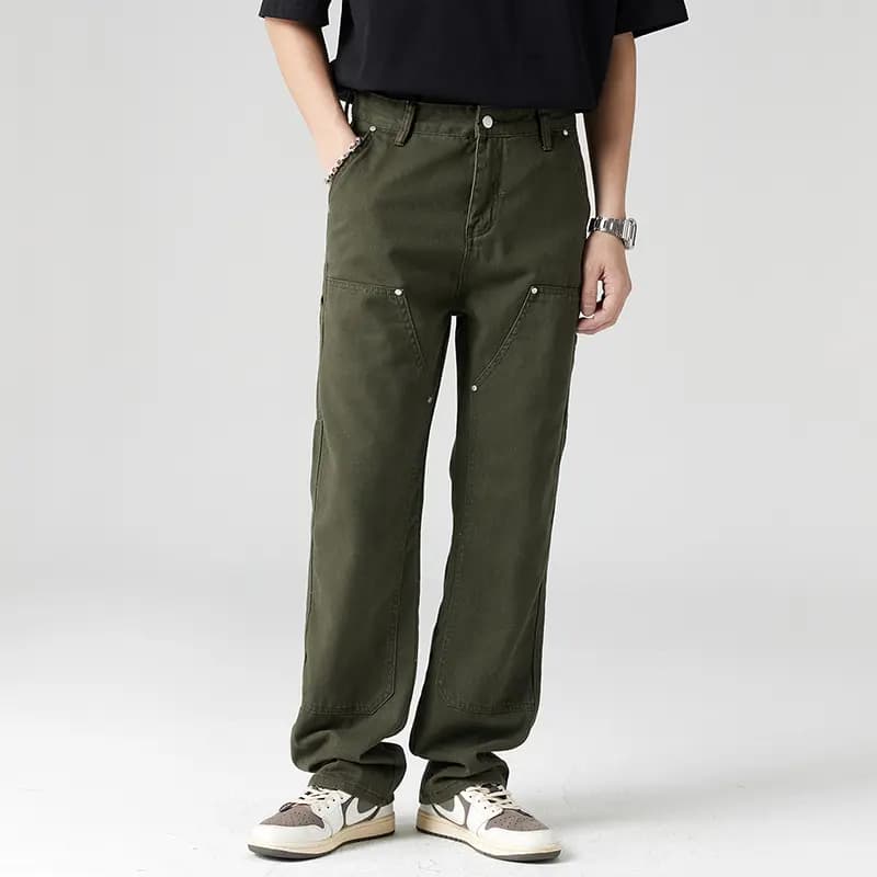 Jeep American Retro Vibe Amekaji Patchwork High-Street Versatile Fashion Fleece Optional Simple Drawstring Elastic Casual Logger Pants Streetwear Loose Straight-Leg Denim Work Pants Unisex 4