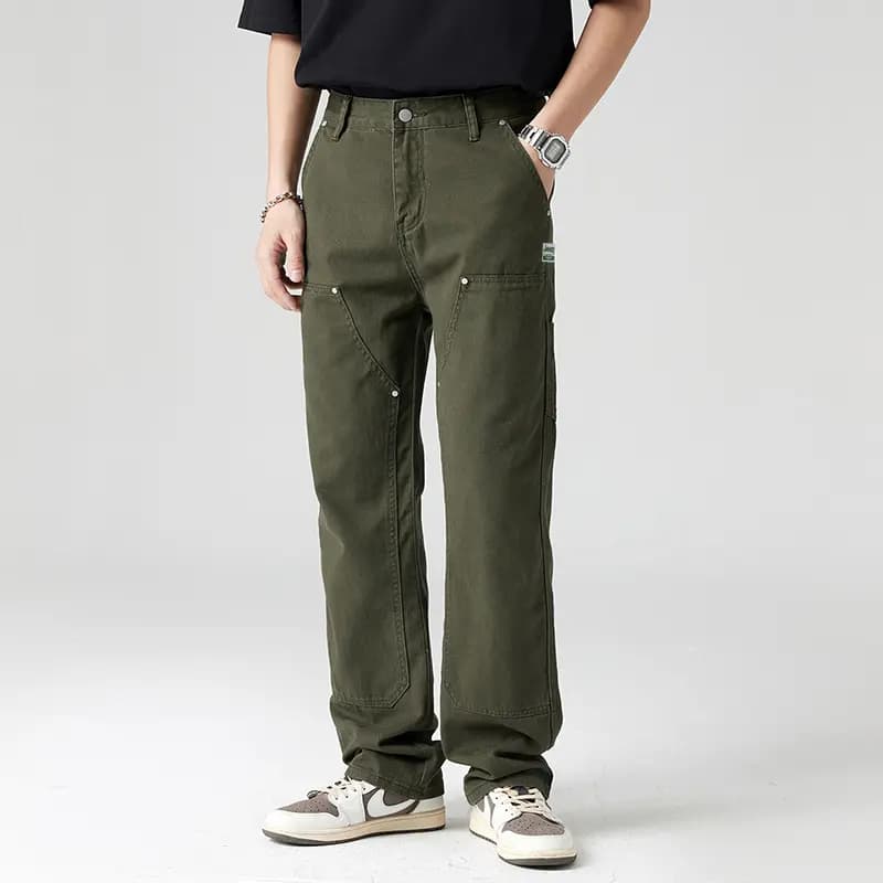 Jeep American Retro Vibe Amekaji Patchwork High-Street Versatile Fashion Fleece Optional Simple Drawstring Elastic Casual Logger Pants Streetwear Loose Straight-Leg Denim Work Pants Unisex 5