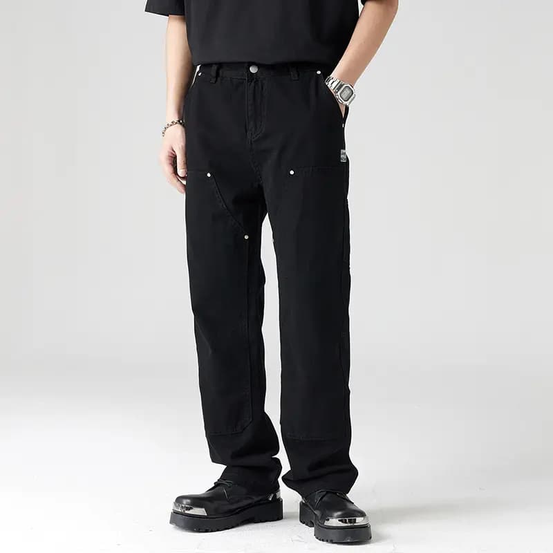 Jeep American Retro Vibe Amekaji Patchwork High-Street Versatile Fashion Fleece Optional Simple Drawstring Elastic Casual Logger Pants Streetwear Loose Straight-Leg Denim Work Pants Unisex 18