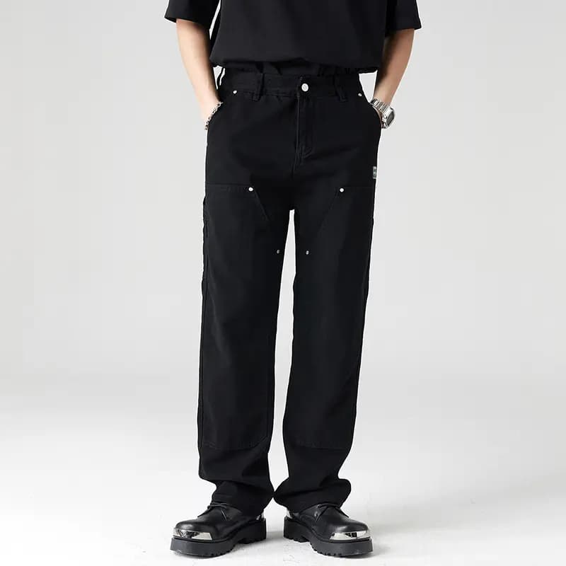 Jeep American Retro Vibe Amekaji Patchwork High-Street Versatile Fashion Fleece Optional Simple Drawstring Elastic Casual Logger Pants Streetwear Loose Straight-Leg Denim Work Pants Unisex 17