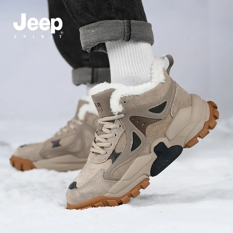JEEP SPIRIT Fleece-Lined Thickened High-Top Thick Sole Fashion Casual Trend Winter Big Cotton Shoes Mid-Top Snow Boots Men's 8