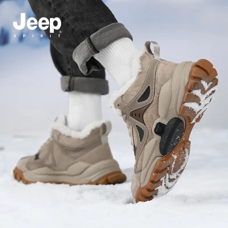JEEP SPIRIT Fleece-Lined Thickened High-Top Thick Sole Fashion Casual Trend Winter Big Cotton Shoes Mid-Top Snow Boots Men's 7