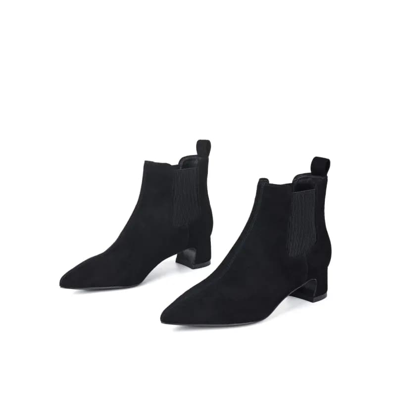 ELLE French Elegant Retro Pointed Toe Chunky Heel Stretch Comfort Versatile Short-Cut Chelsea Boots 5cm Women's 10