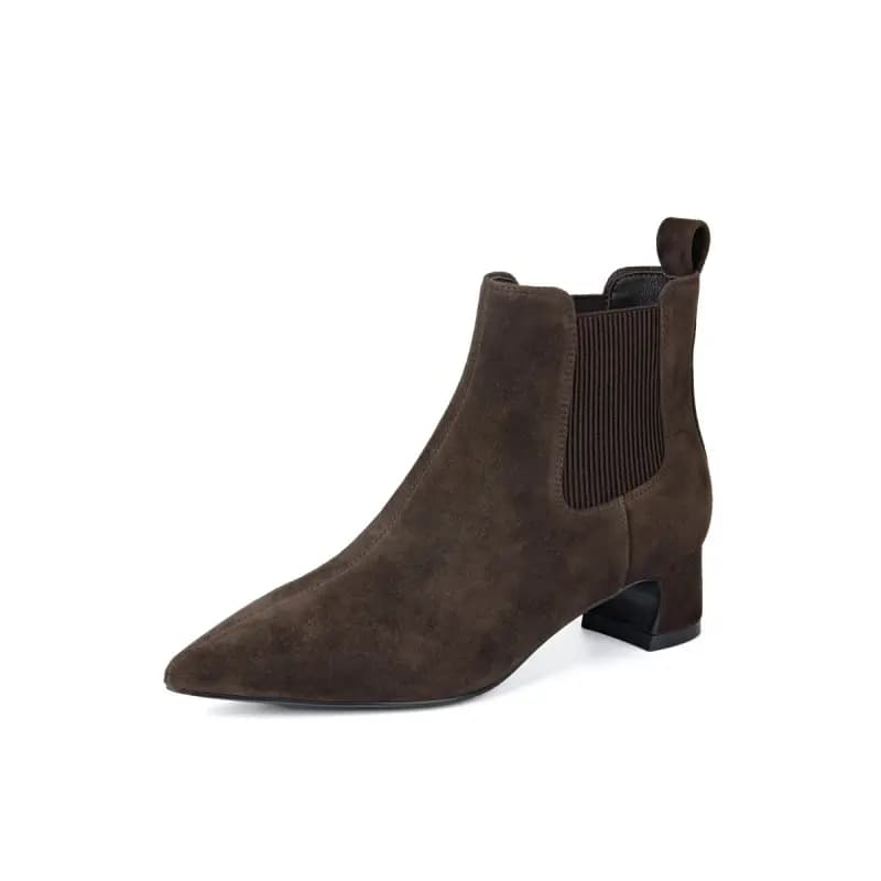 ELLE French Elegant Retro Pointed Toe Chunky Heel Stretch Comfort Versatile Short-Cut Chelsea Boots 5cm Women's