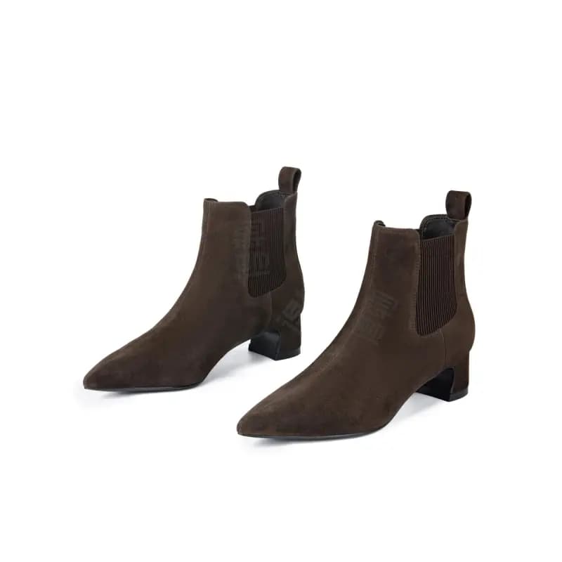 ELLE French Elegant Retro Pointed Toe Chunky Heel Stretch Comfort Versatile Short-Cut Chelsea Boots 5cm Women's 2