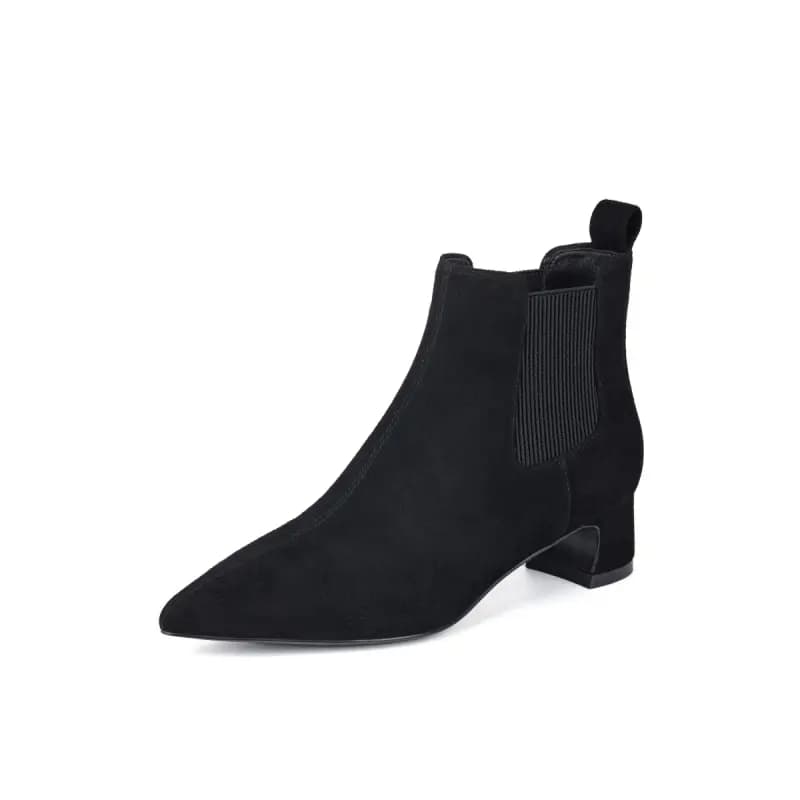 ELLE French Elegant Retro Pointed Toe Chunky Heel Stretch Comfort Versatile Short-Cut Chelsea Boots 5cm Women's 9