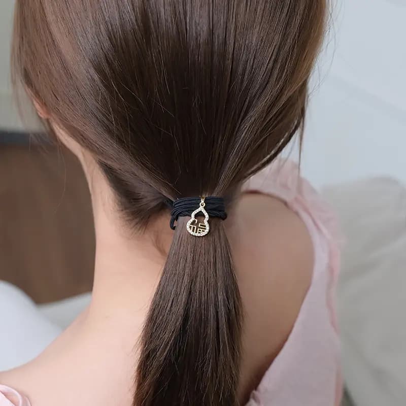 CHIMERA Chinese New Trendy Forest Style Niche Design Sense Geometric Hollow Out Flash Diamond Gourd Fu Character Pendant Elastic Hair Tie Exquisite Light Luxury Elegant Temperament Daily Versatile Commute Bracelet Hair Tie Two-In-One Fabric Elastic Hair 4