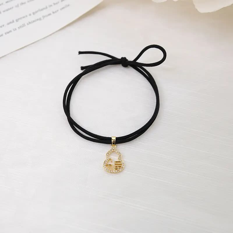 CHIMERA Chinese New Trendy Forest Style Niche Design Sense Geometric Hollow Out Flash Diamond Gourd Fu Character Pendant Elastic Hair Tie Exquisite Light Luxury Elegant Temperament Daily Versatile Commute Bracelet Hair Tie Two-In-One Fabric Elastic Hair 3