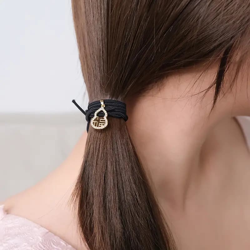 CHIMERA Chinese New Trendy Forest Style Niche Design Sense Geometric Hollow Out Flash Diamond Gourd Fu Character Pendant Elastic Hair Tie Exquisite Light Luxury Elegant Temperament Daily Versatile Commute Bracelet Hair Tie Two-In-One Fabric Elastic Hair 5