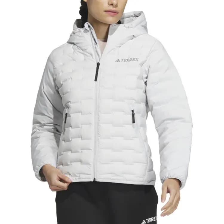 adidas FW24 GOOSE DOWN WOVEN BAFFLE Comfortable Hooded Zipper Down Jacket Women's Light Gray 3
