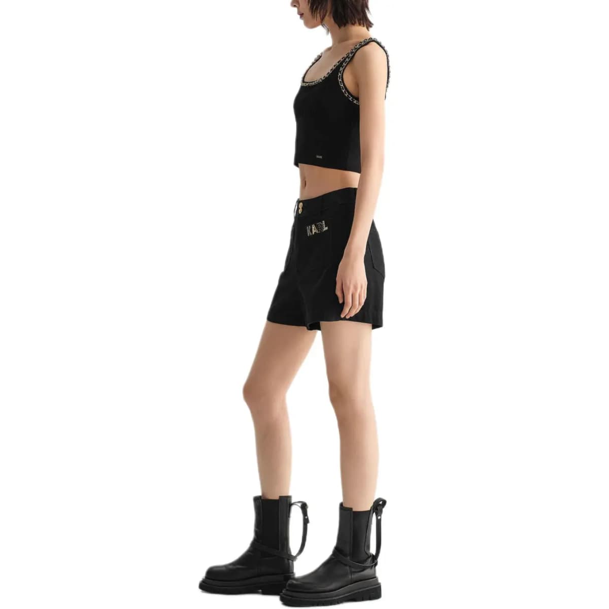 KARL LAGERFELD Fashion Street Urban Casual Luxury Solid Color Straight Logo H-Buckle Zip Short Denim Shorts Women's Black 4