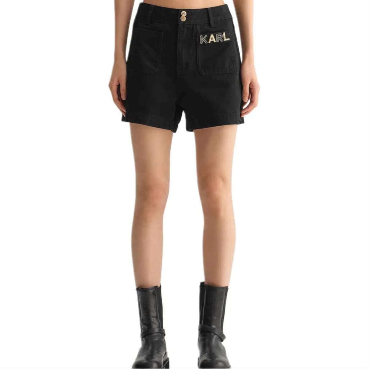 KARL LAGERFELD Fashion Street Urban Casual Luxury Solid Color Straight Logo H-Buckle Zip Short Denim Shorts Women's Black 2