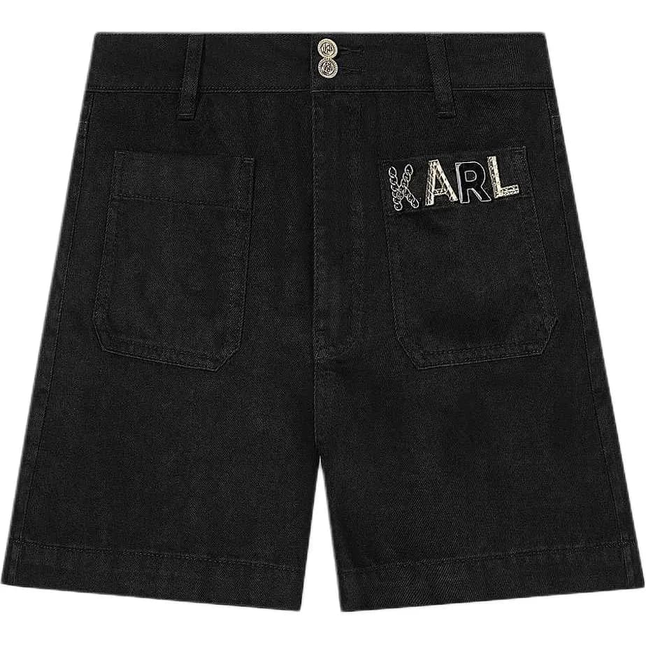 KARL LAGERFELD Fashion Street Urban Casual Luxury Solid Color Straight Logo H-Buckle Zip Short Denim Shorts Women's Black