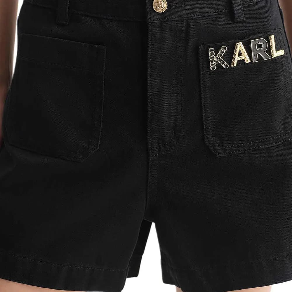 KARL LAGERFELD Fashion Street Urban Casual Luxury Solid Color Straight Logo H-Buckle Zip Short Denim Shorts Women's Black 5