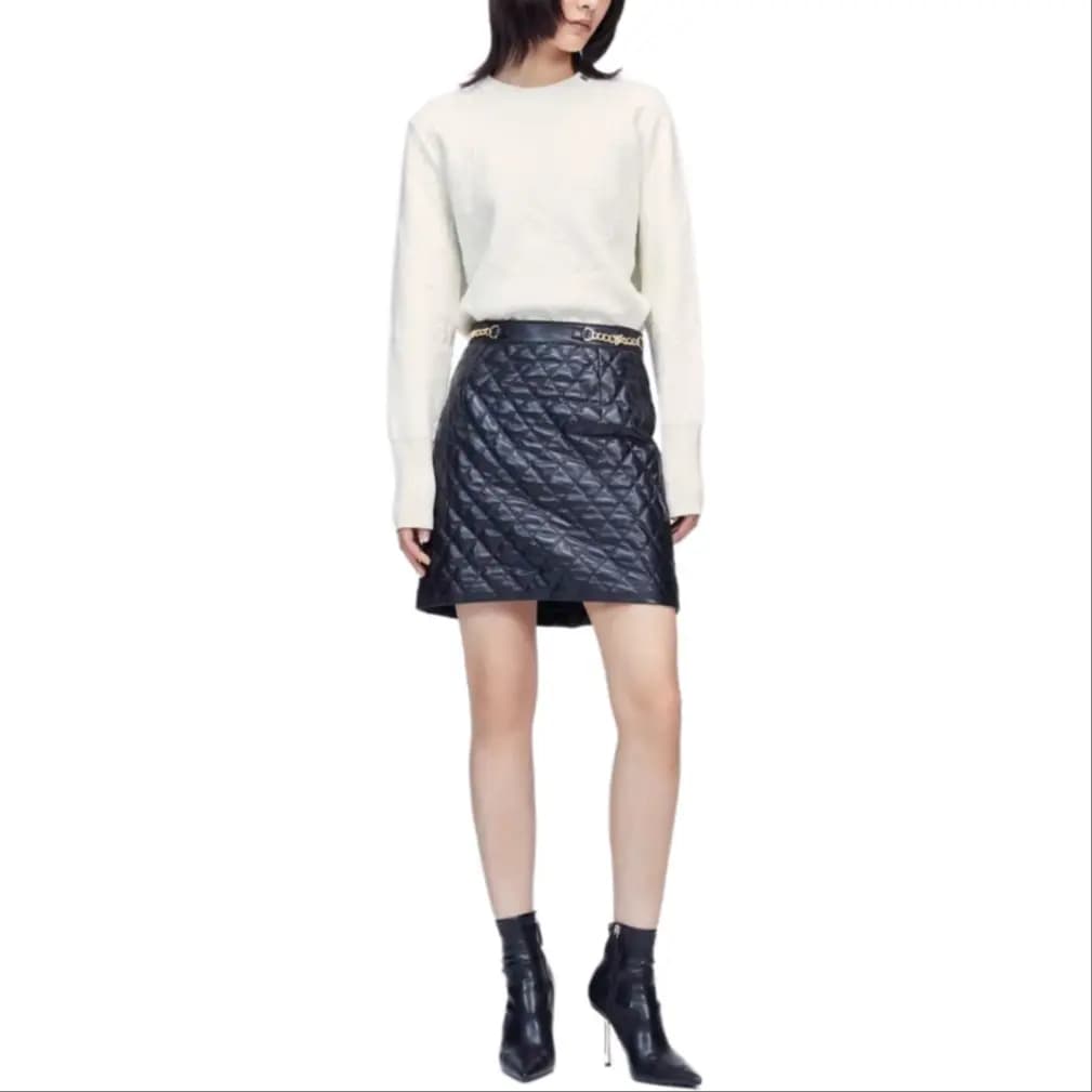 KARL LAGERFELD Women's Urban Outing Social Workplace Luxury Solid Color Chain Mid-Waist Leather Mini Skirt Black 5