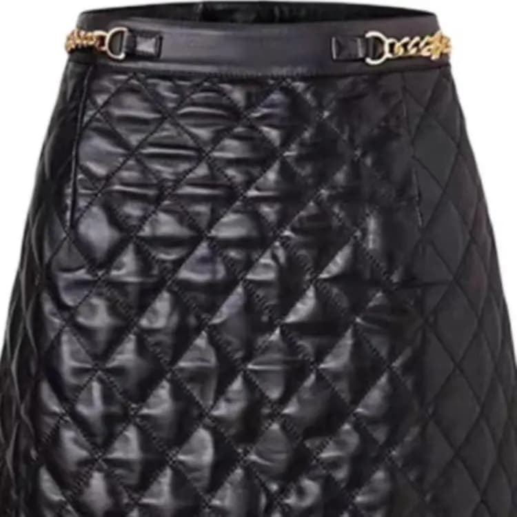 KARL LAGERFELD Women's Urban Outing Social Workplace Luxury Solid Color Chain Mid-Waist Leather Mini Skirt Black 2
