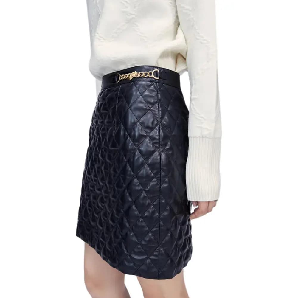 KARL LAGERFELD Women's Urban Outing Social Workplace Luxury Solid Color Chain Mid-Waist Leather Mini Skirt Black 6
