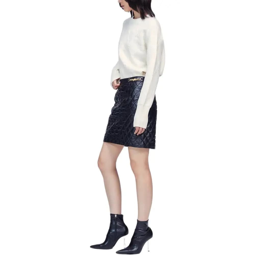 KARL LAGERFELD Women's Urban Outing Social Workplace Luxury Solid Color Chain Mid-Waist Leather Mini Skirt Black 7